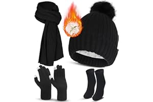 GLGHMH 4PCS Winter Beanie Hat Scarf Gloves Set, Pink Black Grey Beige Warm Long Scarf Beanie Hat Thermal Socks Touch Screen Gloves, Winter Thick Set for Women Skiing Outdoor Sports