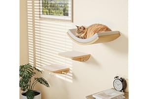 PELUOMOZ Katzentreppe Wand, Katzen Kletterwand 3er-Set mit 2 Kletterstufen & Gebogenen Plattformen, Wandmontiertes Holz Katzenwandmöbel Set für Klettern Spielen Schlafen