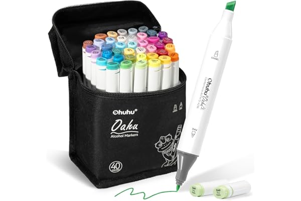 Ohuhu Marqueurs à Feutre Alcool, 40+1 couleursmarqueurs d'art à double pointe pour illustrations à colorier pour adultes, encre à base d'alcool, étui à marqueurs, burin et fin, série Oahu