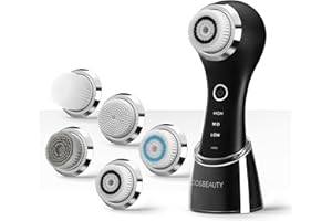 COSBEAUTY Spazzola Pulizia Viso, Spazzola Viso Pulizia con 3 Velocità e 5 Testine Ricambio, Ricaricabile Impermeabile IPX7 L’esfoliazione Delicata e lo Scrub Profondo (Nero)