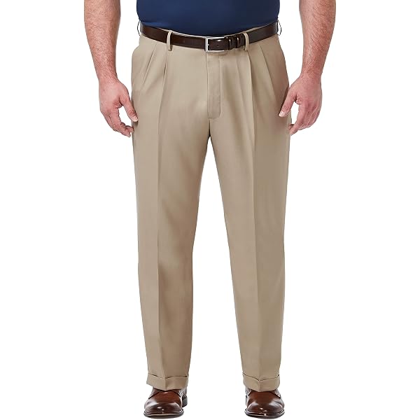 Haggar Men's Work To Weekend Pants - No Iron, Hidden Expandable Waist, Flat Front 100% Cotton Khaki