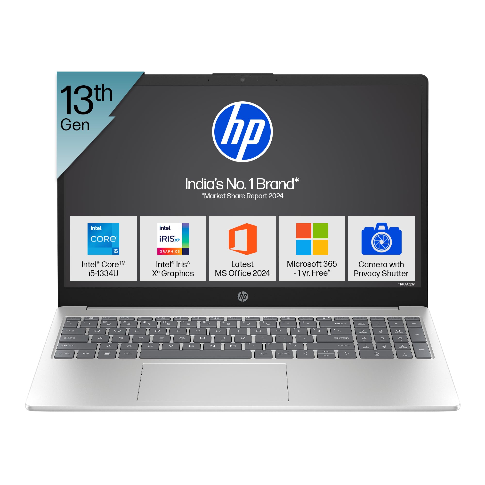 HP 15, 13th Gen Intel Core i5-1334U (16GB DDR4, 512GB SSD) Microsoft365* Office2024, Win11, 15.6inch(39.6cm) FHD Laptop, Intel Iris Xe, FHD Camera w/Privacy Shutter, Backlit, Silver, 1.59kg, fd0467tu