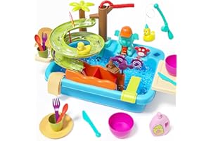 Cute STONE Fregadero para niños de juego con agua corriente, 4 en 1 lavabo para niños cocina, juego de lavavajillas, pista de tobogán acuático, juguetes de pesca, fregadero de cocina niños niños niñas