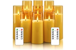 MOZKETO19 Flickering Flameless Candles Battery Operated with Remote and 2/4/6/8 H Timer Plexiglass Led Pillar Candles Pack of 9 (D2.3"xH 5"6"7")with Realistic Moving Wick Candles for Home Decor (Gold)