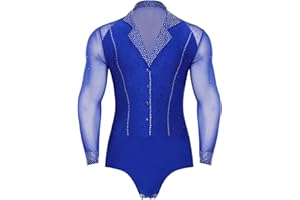 dPois Herren Tanz Hemd Latein Standard Tanz Tango Salsa Trikot Leotard Tanzbody Hemdbody mit Strass Männer Ballroom Tanzkostüm