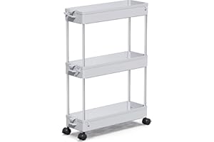 SPACEKEEPER Carro de Almacenamiento de 3 Niveles, Delgado, móvil, Organizador de estantes, deslizable, rodante, utilitario, Estante de Cocina, baño, lavandería, Oficina, Lugares Estrechos, Gris