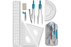 Wei-Secret Drafting Compass and Rulers Set 10 Pack,Geometry Compass School Maths Protractor Set Rulers for Student Maths and Engineering Drawing with Carry Box (Blue- 10Pack)