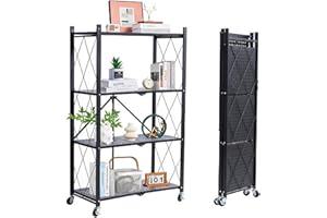 VVVineanie 4-Niveaux Étagère de Stockage Pliable en Métal avec Roues, 28,15" W x 15,55" D x 48,82" H, Capacité de Chargement de 750 lbs, Etagère de L'assemblage sans Service(Noir, 4-Niveaux)