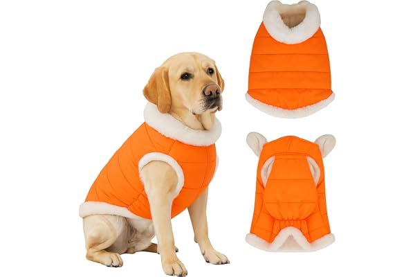 Furrieszz Orange Dog Jacket with Furry Inner Lining & Zipper Warm Winter Wear for Pets, Fits Labrador Puppy, Golden Retriever Puppy, Indie Dog, Cocker Spaniel (Size: 20" Back, Chest: 65 70 cm)