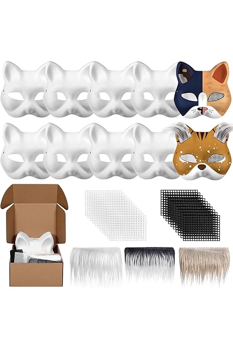 Therian Masque De Chat - Masque En Papier Non Peint Avec Fourrure Synthétique, Filet Pour Les Yeux Et Film En Maille En Plastique - Pour Le Bricolage - Masque Non Peint Pour