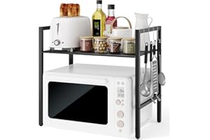 BTGGG Microwave Shelf Stand 2 Tier Metal Microwave Oven Rack Microwave Stand Baker's Rack Kitchen Counter Storage Organiser Space Saver Shelf with 4 Hooks, 44lbs/20kg Load Bearing