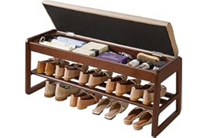 Aibiju Wood Shoe Storage Bench with Cushion, 2 Tier Shoe Rack with Flip-Top Storage, 39.37in Shoe Organizer Storage Shelf for Entryway, Living Room, Hallway, Bedroom, Walnut Color YD-WD062B