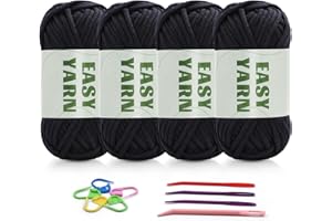 ‎RIDDUR 4 X 50g Häkelgarn Wolle zum Häkeln Chenille Wolle Zum Häkeln Chenille Dicke Wolle Zum Häkeln gut Sichtbare Maschen, Dicke Wolle zum Häkeln Dickes Baumwoll-Nylon-Schwarzes mit Häkelzubehör