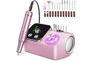 45000RPM Touch Screen Electric Nail Files,Urbuti Portable Nail Drill Machine for Acrylic and Gel Nails,Rechargeable E Files for Nails Professional with Base and 12 Bits for Home Salon (Pink)