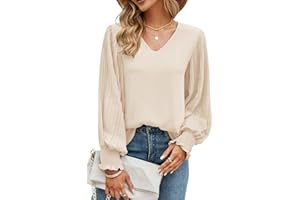 Odosalii Womens Tops Pleated Lantern Sleeve V-Neck Shirts Elegant Solid Color Loose Fit Casual Chiffon Blouse