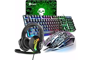 LEXONELEC Juego de Teclado y ratón para Juegos 4 en 1 con retroiluminación de Arco Iris y Teclado para Juegos USB + 2400DPI 6 Botones LED Arco Iris USB para Juegos + Auriculares para Juegos + Almohadillas de