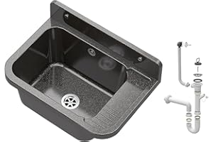 Granitan Ausgussbecken für Garage Keller Werkstatt und Waschküche - Universal Waschtrog Set mit Siphon - Waschbecken mit Abtropfschale Wandmontage aus Polypropylen - 50x34x31 cm - Schwarz - Figo