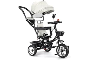 DDMINE Tricycle Bébé Évolutif 4 en 1, Tricycle Bébé Évolutif avec Poignée de Poussée Réglable, Canne, Cloche et Rétroviseurs, Harnais de Sécurité 9 Mois à 5 Ans, Velo Bebe (Gris Clair)