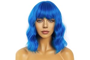 LANCAINI Wavy Wig With Bangs Women's Short Wigs Curly Wavy Bob Synthetic Cosplay Wig for Girls Daily Use Colorful Wigs (Blue)
