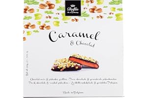 Dolfin Caramelo y Chocolate - Chocolate Negro con Pistachos Tostados - Caramelo Casero de Mantequilla Salada, Nueces Frescas y Crujientes - Regalos, Dulces, Golosinas - Hecho en Bélgica - 200g