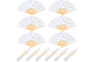 NEBURORA 6Pcs White Handheld Paper Fans 8.3 Inch Hand Held Bamboo Fans Foldable for Wedding Decoration Outdoor Party Favors DIY Decoration Dancing Photography Props