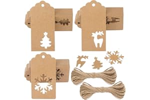 G2PLUS 150PCS Étiquette en Papier Kraft Étiquette Noël Étiquette Kraft Cadeau de Noël avec 20M Ficelle pour Décorer L'arbre de Noël（Ensemble Combiné Marron）