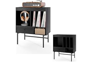 KOMFOTTEU Supporto per Giradischi, Mobile Vinili con Cassetto e Scomparti Aperti, Espositore per Dischi per Album con Telaio in Metallo per Soggiorno, Camera da Letto, Studio (Nero)