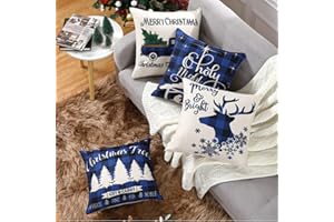 CAROMIO Świąteczne poszewki na poduszki, zestaw 4 niebieskich, świątecznych poszewek na poduszki, kwadratowe, bawół, krata, na sofę, dekoracja domu, niebieskie, 45 x 45 cm