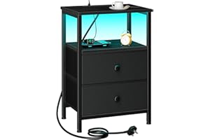 LOAKEKEL Bedside Table with LED Light, Small Side Table with Charging Station, Nightstand with 2 Fabric Drawers and Open Storage Shelf, Bedside Cabinet for Living Room, Bedroom, Black UHETS02BK-1