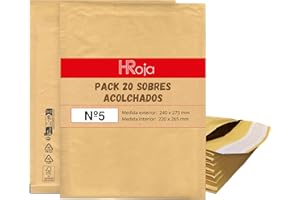 HRoja - Sobres Acolchados Nº5 (240 x 275 mm), Pack de 20 - Fabricado en Europa - Papel Kraft con Burbuja Interior - Autoadhesivos, Resistentes, Antigolpes y Antimanipulación para Envíos y Paquetería