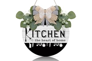 TOARTi Kitchen Wooden Hanging Signs Rustic Wood sign for Home Kitchen Decor Round Wood Hanging Sign with Ribbon Bow and Artificial Green Leaves Farmhouse Style Wall Art for Kitchen Home Art Decor