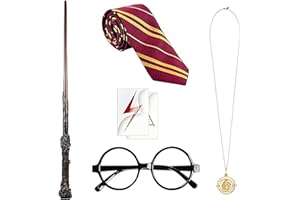 Viyohoh Wizard Costume Accessories Set, 6 Pcs Halloween Cosplay Props with Magic Wand Tie Necklace Eyeglas Frame, Wizard Accessories for Kids Adults World Book Day Party Cosplay