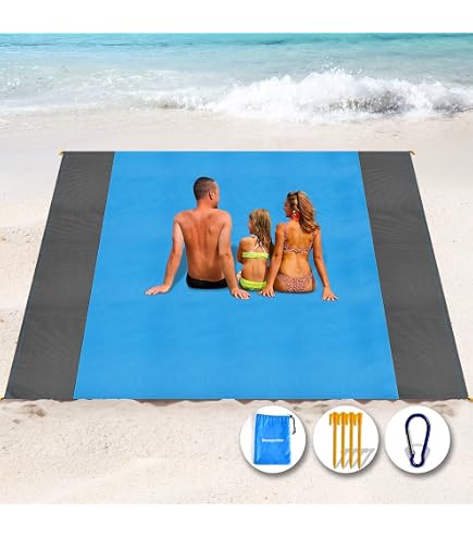 NewDoar 200 x 210 cm Couverture de Plage Tapis de Plage Extra Large Résistant au Sable avec 2 Poches Imperméable pour Le Camping, la Randonnée,la Plage,Les Voyages,avec 4 Piquets et 4 Poches