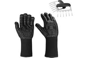 Puricon BBQ Gloves Heat Resistant with Meat Shredder, Non-Slip Grilling Gloves Silicone Oven Gloves and Meat Claws for Cooking Barbecue Smoker Grill Baking Welding