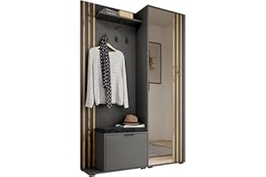 ‎MB-MOEBEL Garderobe mit Spiegel Flurgarderobe Garderobenschrank Kompaktgarderobe Dielenschrank Garderobe Set Regal Diele & Flur Kleiderschrank Schuhschrank 135x197x34 cm John, Grau und Artisan mit Kissen