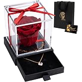 FamilyGenius Preserved Natural Eternal Rose with Heart Necklace, Gift Box with Secret Drawer, Preserved Flowers, Original Gif