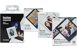 Instax SQUARE Instant Film 3 Pack Bundle, 1 X 10 Shot Black, 1 X 10 Shot White Marble, 1 X 10 Shot Star Illumination Border