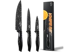 Toni Sharpe Kitchen Knife Set of 3 Black Dotted Knives with Ergonomic Handle - Stainless Steel Chef, Carving, Bread, Utility and Paring Knife for Cooking and Baking