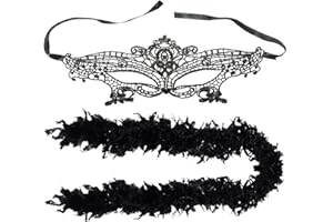 CYNOSURETECH 1 black feather strip and 1 lace eye mask, feather boa, feather python strip in black, suitable for birthday parties, festivals, and daily wear