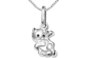 CLEVER SCHMUCK -SET pendentif en argent mini-chat aux yeux noirs, mat, en partie brillant et chaîne vénitienne 38 cm, tous deux en argent 925 pour enfants (F), nouveau, Argent sterling