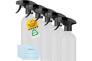 lippus Leere Sprühflaschen [5 STÜCK] Set 500ml + beschriftbare Etiketten - rPET (recycelt) – 3-Modi Sprühköpfe – Extra stabil und langlebig - Ideal für Reinigungsmittel, Blumen- und Pflanzensprüher