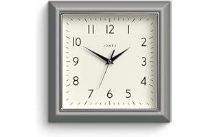 Jones Clocks® Mustard Square Retro Wall Clock Modern Colour Design Perfect as a Kitchen Clock, Living Room Wall Clock or Office Clock with Easy to Read Numbers 25cm (Linen Grey)