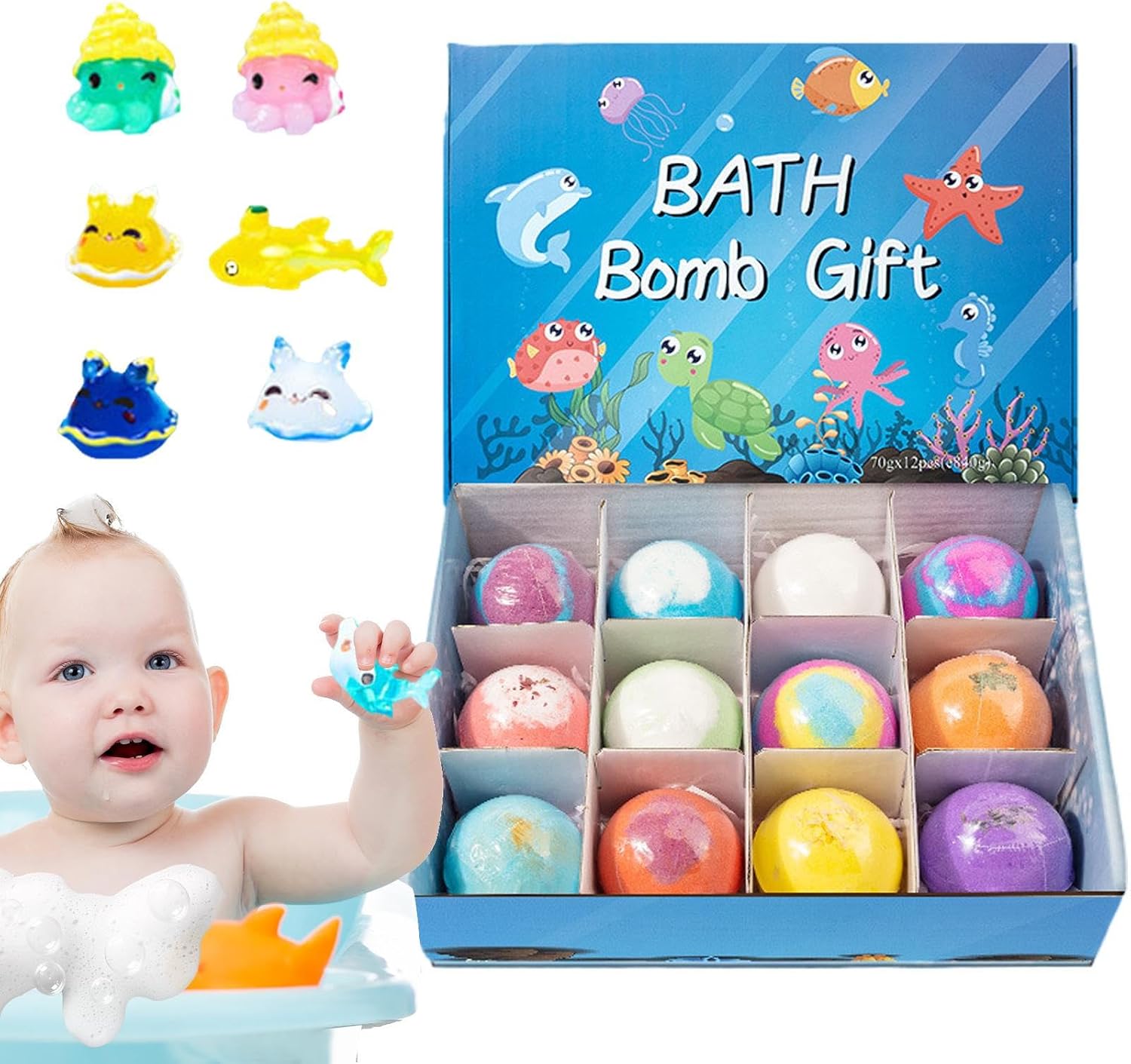 Bath Ball For Kids With Toy Inside, Kids Bath Salt Ball, Land & Sea Toys, Handmade Natural Organic 12 Pieces For Dry Skin Moisturize