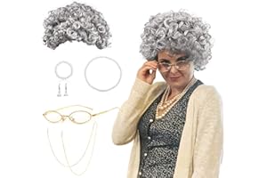 BIQIQI Peluca Abuela Gris Cosplay Accesorio Mujeres Peluca Rizos Gafas Madea Granny,Correa Cadenas Gafas,Joyería Perlas,Abuelita Anciana Señoras Carnaval Disfraz