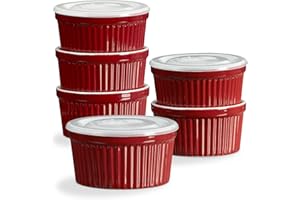 ONEMORE Set di 6 pirottini in ceramica con coperchio – 226,8 g, per cottura al forno, per crème brulee, budino, salsa di servizio, frutta, gelato, rosso