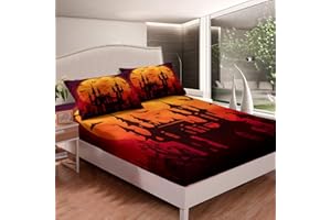 Loussiesd Halloween Themed Bedding Set for Girls Boys Children Kids Horror Ghost Style Bed Sheet Set Decorative Scary Castle Fitted Sheet Cartoon Bat Bed Cover Single Size 2Pcs