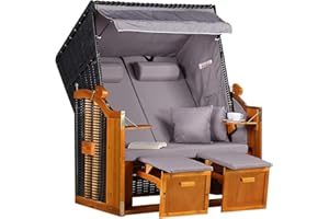‎MR. DEKO MR. DEKO® Strandkorb Ostsee Volllieger 2-Sitzer | PE Geflecht Schwarz Bezug Uni grau | inkl. 4 Kissen & Klapptisch | Strandstuhl verstellbar | Strandkörbe aus Hartholz mit Fußablage (Dessin Uni Grau)
