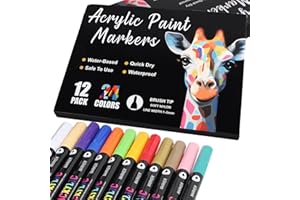 AEDAGA 12 Acrylic Paint Pens with 24 Colours Brush Tip for Rock Painting Fabric Glass Stone Ceramic Wood Metal, Dual Tip Acrylic Markers for Adults, Paint Markers for Easter Egg Pumpkins Graffiti
