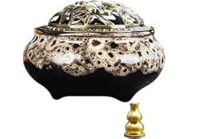 DUOHEMENG Incense Burner, Ceramic Incense Burner with Lid, Suitable for Incense Cones/Coils/Sticks, There Are Metal Incense Stick Holder + Fireproof Cotton Inside.