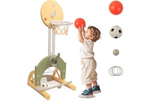 hoopyosms Canestro Basket 4-in-1 per Bambini, Altezza Regolabile con Porta Calcio e Lancio Anelli, Mini Canestro Interno ed Esterno, Gioco Sportivo Multifunzione per Bambini(Verde)